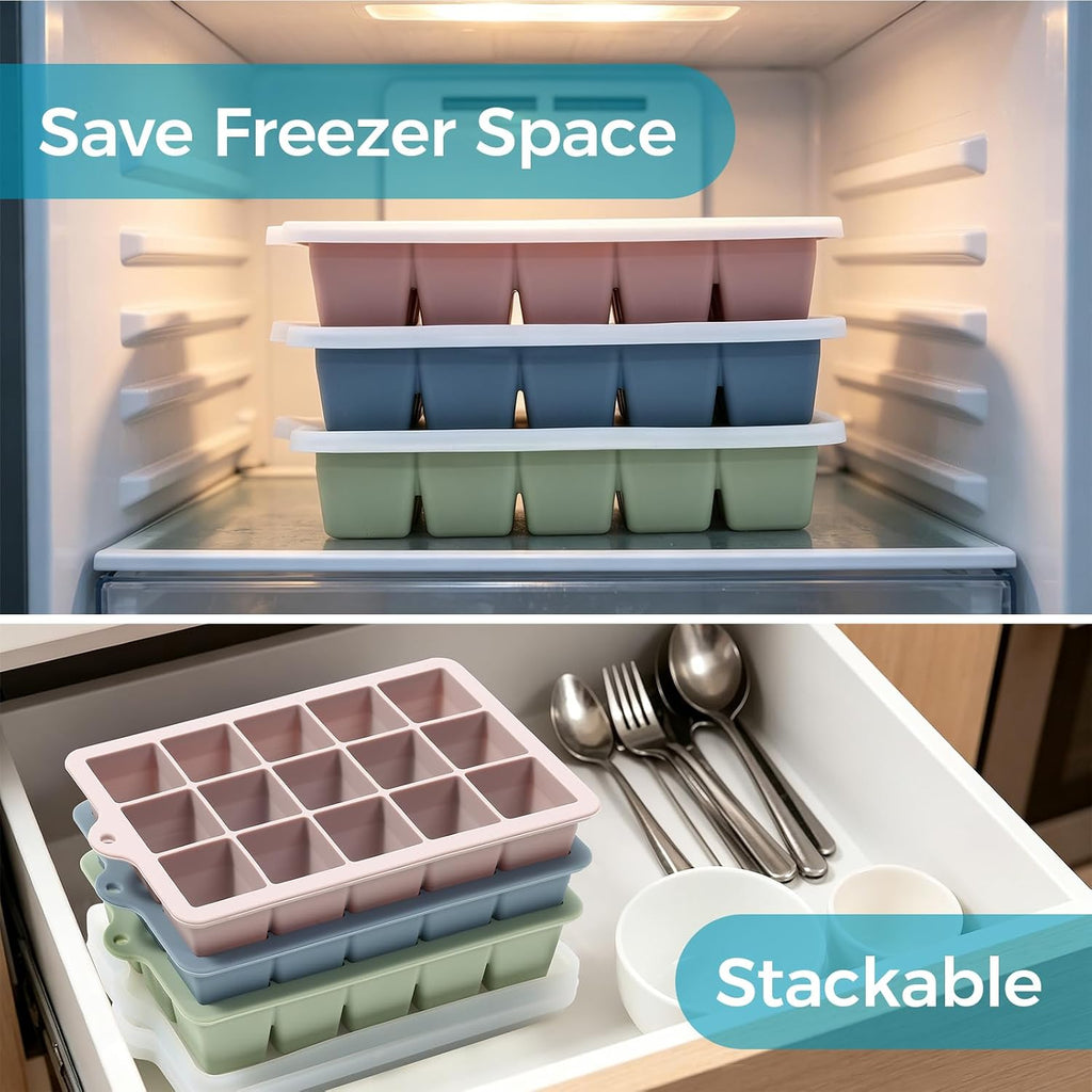 Silicone Ice Cube Trays with Lids(2Pack,Blue+Green) | 15-Cavity Ice Tray Set for Freezer, Easy-Release BPA-free Ice Cube Mold for Whiskey, Coffee, Cocktails and More