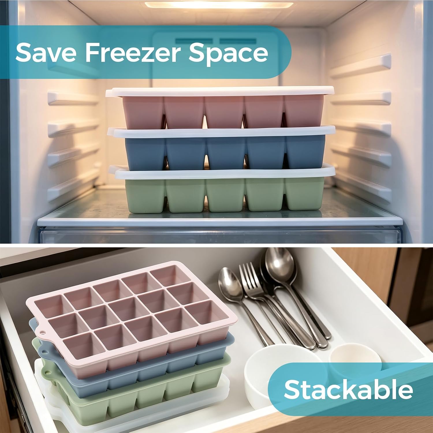 Silicone Ice Cube Trays with Lids(2Pack,Blue+Green) | 15-Cavity Ice Tray Set for Freezer, Easy-Release BPA-free Ice Cube Mold for Whiskey, Coffee, Cocktails and More