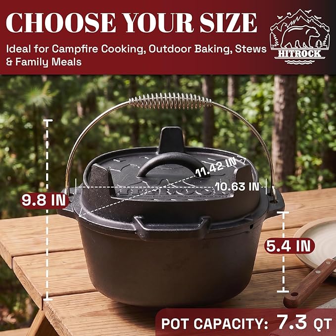 HITROCK Cast Iron Camp Dutch Oven 7QT, Pre-Seasoned Camping Dutch Oven - Image 4
