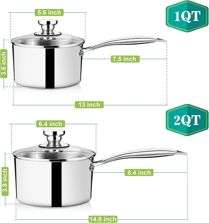 P&P CHEF 1 & 2 Quarts Tri-Ply Stockpot and Saucepan, Stainless Steel Sauce Pan - Image 2