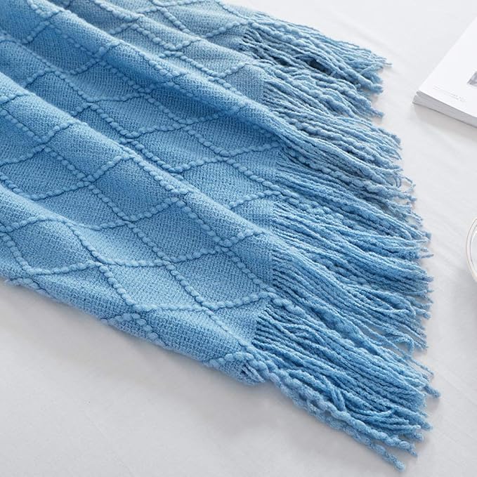 BOURINA Blue Throw Blanket 60x80 Inches Throw Textured Solid Soft Sofa Throw - Image 4