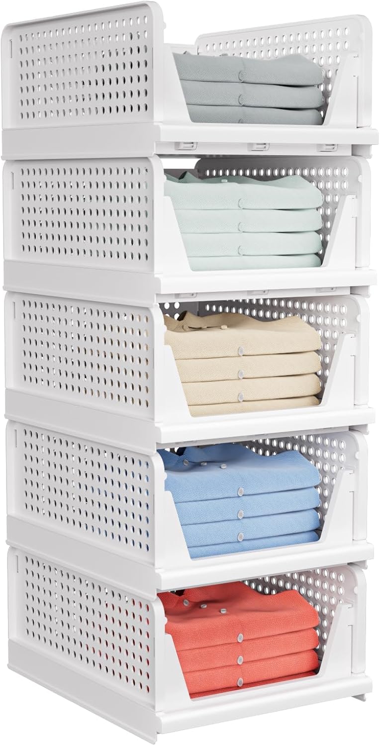 5 Pack Stackable Closet Storage Basket - Stackable Storage Bins