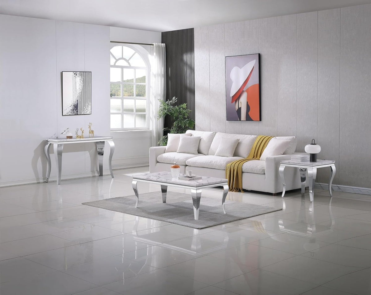 3 Piece Living Room Table Set, White Marble Coffee Table Set of 3, Modern Console Table & Coffee Table and End Table Sets for Living Room, Faux Marble Tabletop & Stainless Steel Legs, Silver