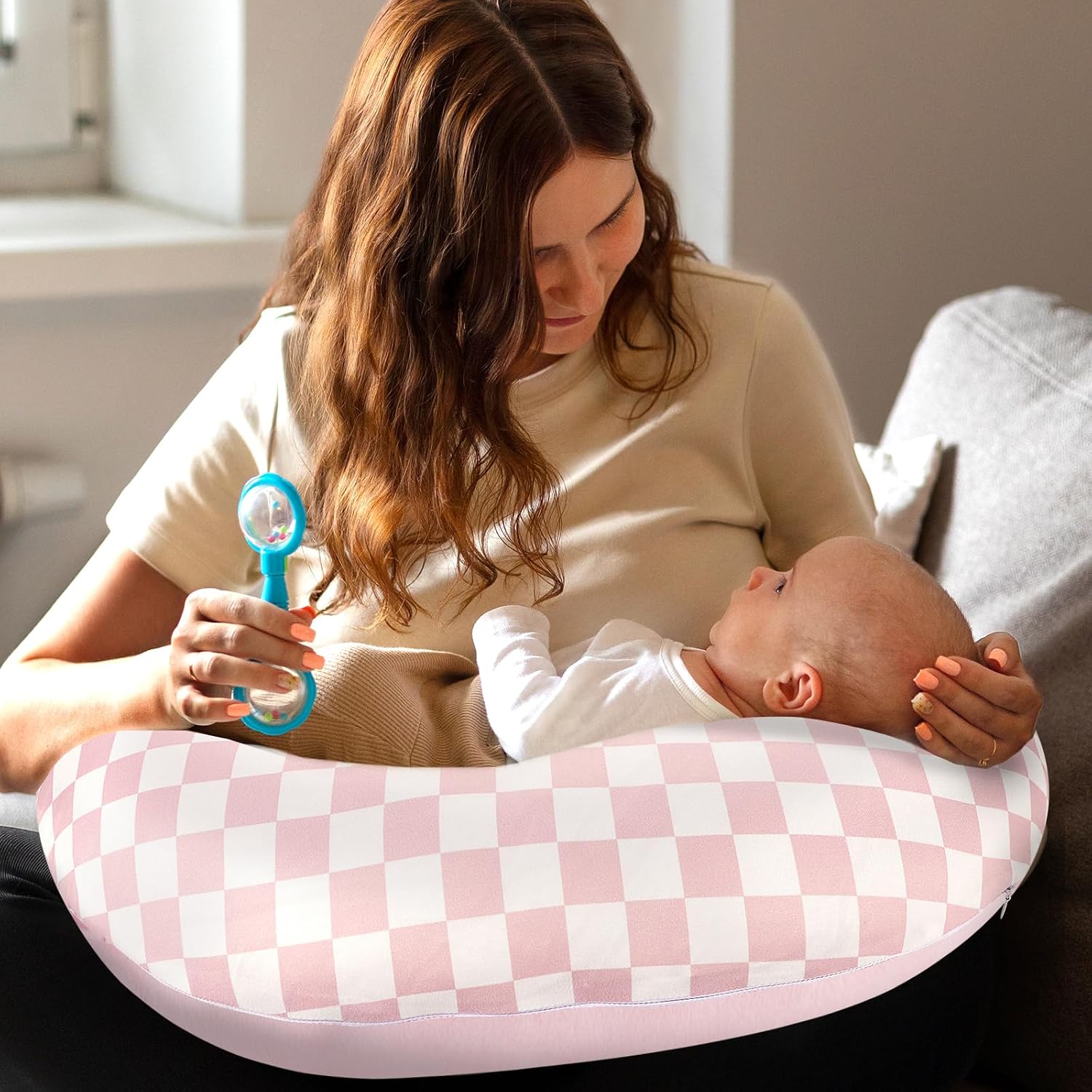 Nursing Pillow Cover 1 Pack, DAYEEBALL Double-Sided Removable Nursing Cover for Baby Girls Boys Newborn, Stretchy and Soft Reversible Slipcover for Breastfeeding Pillow, Pink Checkerboard (Only Cover)