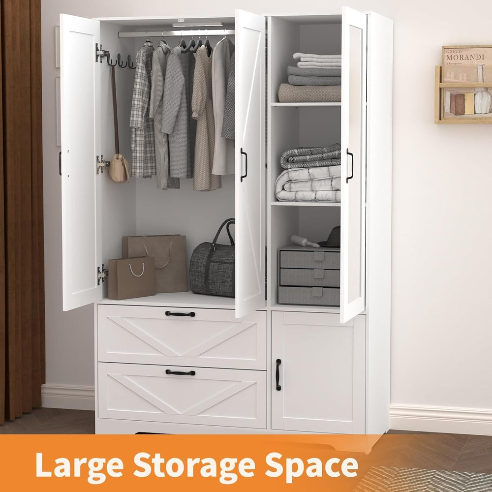 Armoire Wardrobe Closet with Mirror Door and LED Lights,3 Doors Farmhouse Bed...