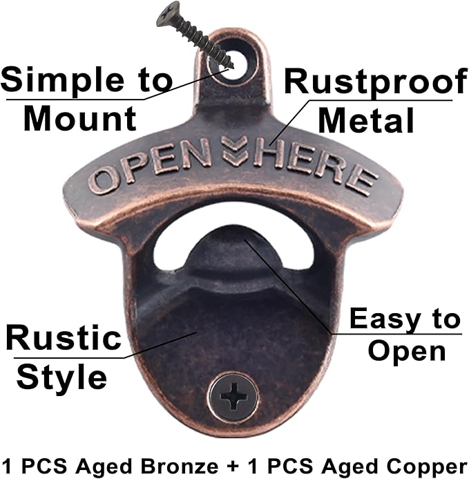 Rustic Wall Mount Bottle Opener Antique Copper, Old Fashion Post Mounted Beer - Image 2