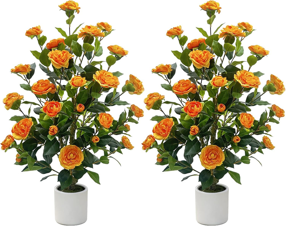 2 Pack Artificial Camellia Tree, 3FT Faux Flowering Camellia Plant Indoor Out...
