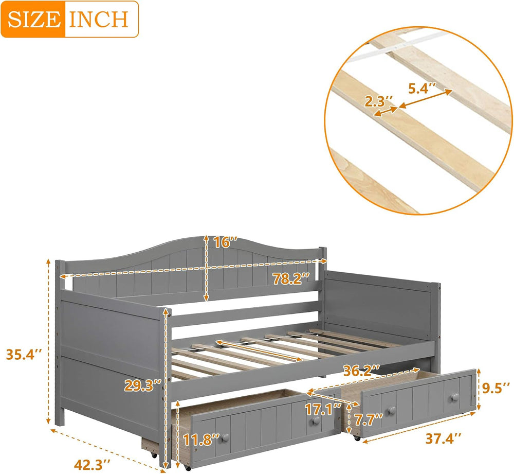 SOFTSEA Twin Daybed Frame with Drawers Wood Day Bed with Storage Sofa Bed Fra...