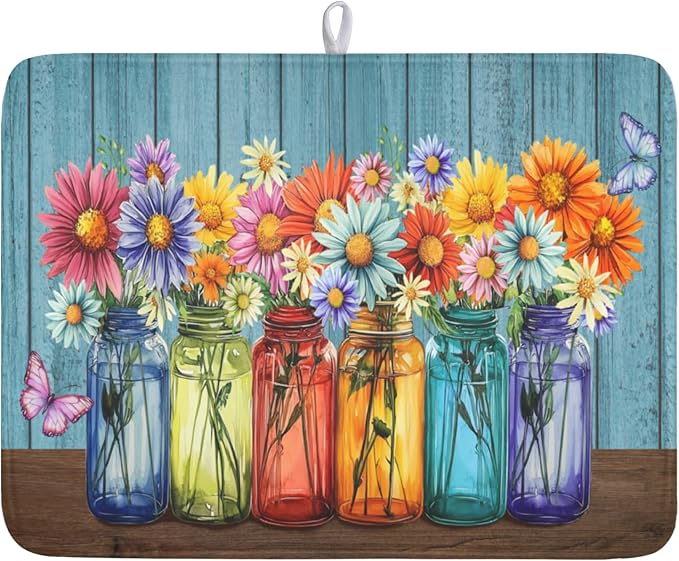 Vintage Floral Dish Drying Mat for Kitchen Counter Rustic Flower Vases Wooden by Unknown