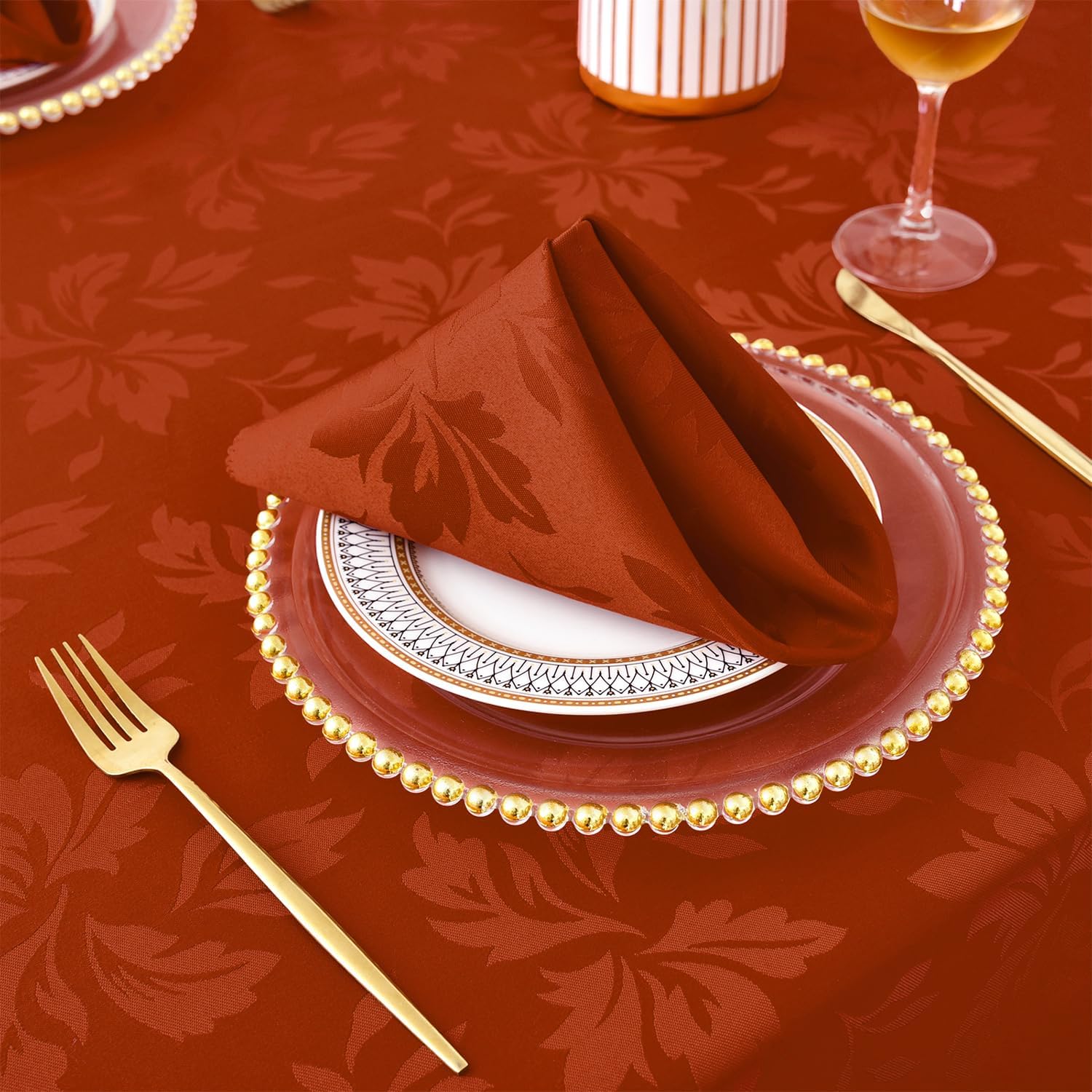 Romanstile Fall Jacquard Dinner Napkins, Thanksgiving Table Decor | Waterproof Damask Floral Cloth Napkins for Dinner & Parties, 20x20 Inch, Set of 4, Burnt Orange