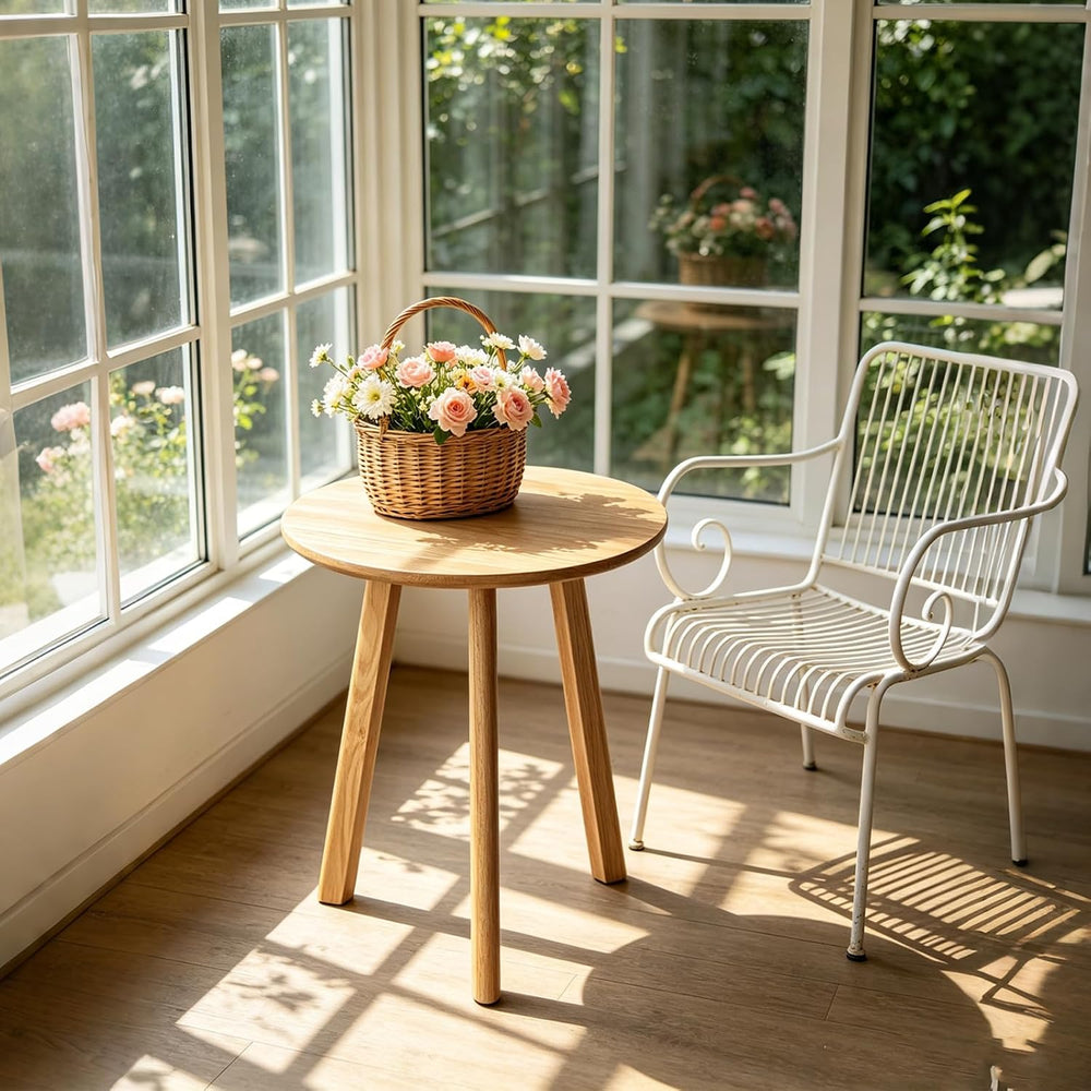 Natural Oak Round Side Table, End Table with 3 Legs