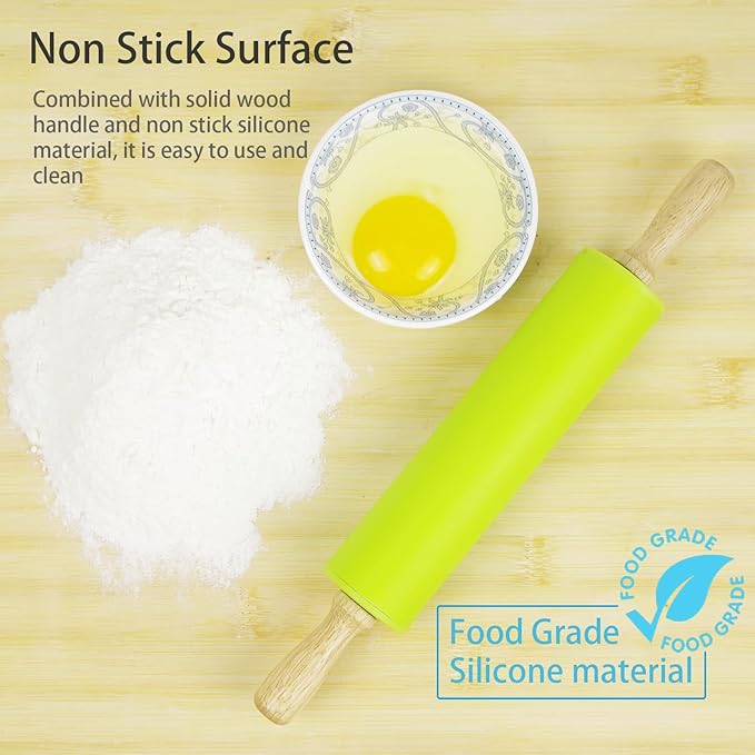 Silicone Rolling Pin for Baking Non-stick Rolling Pin Dough Roller Wooden - Image 4