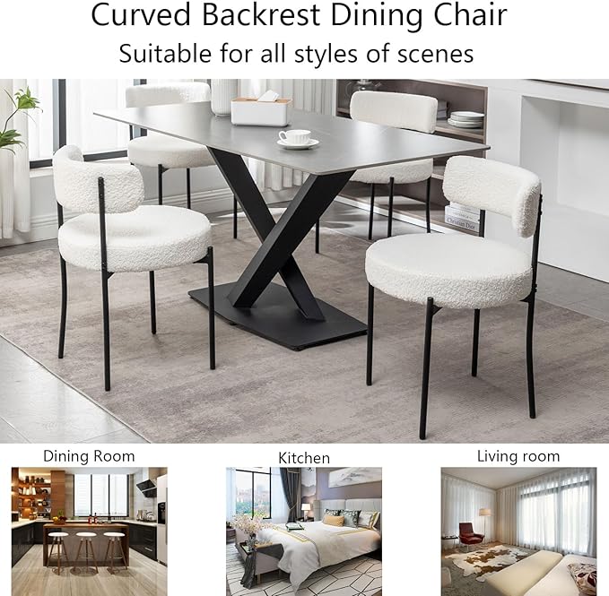 White Boucle Dining Chairs Set of 6, Upholstered Dining Room Chairs with Blac...