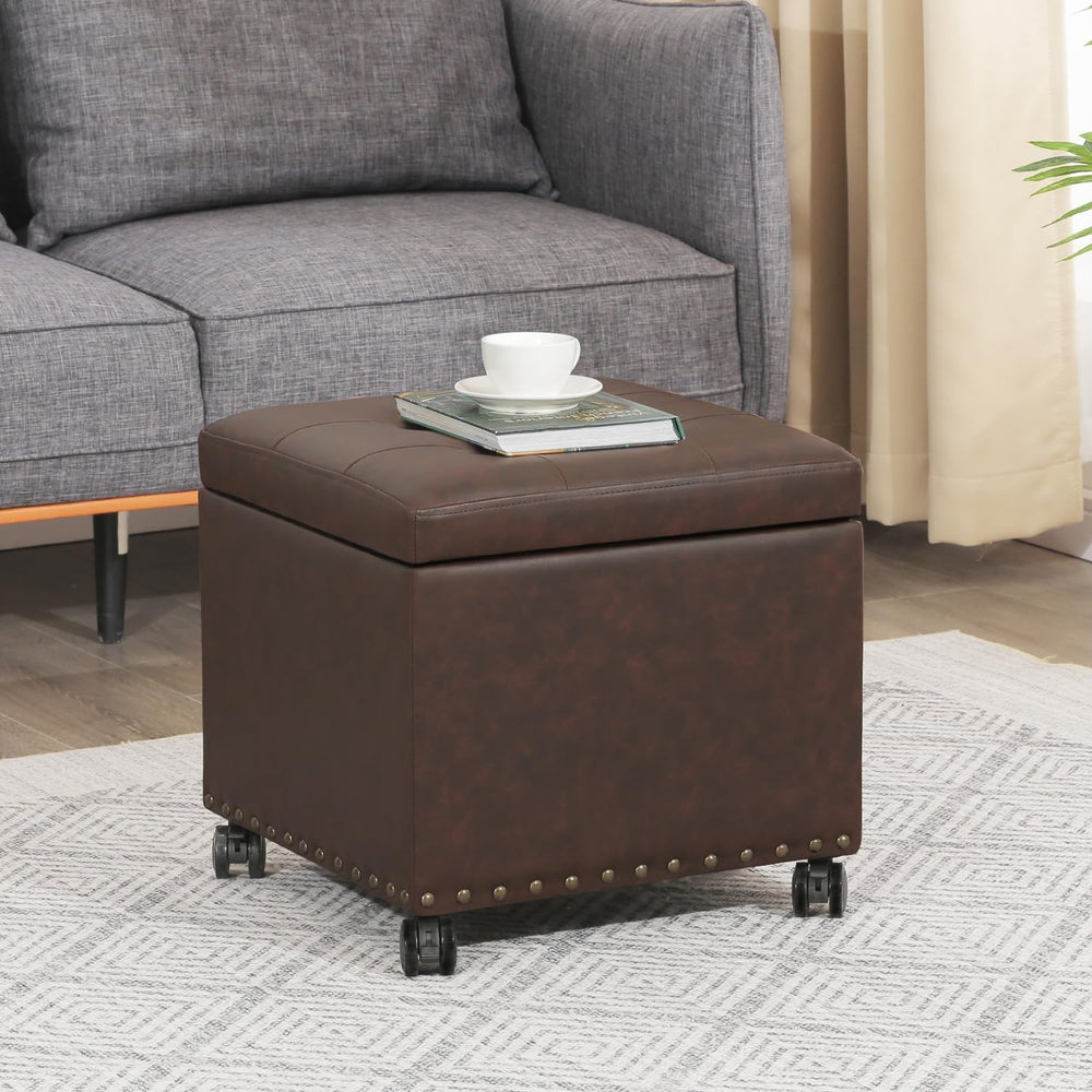 Adeco 16.7" H Brown Leather Storage Ottoman with 360 Caster Wheels, Squa...