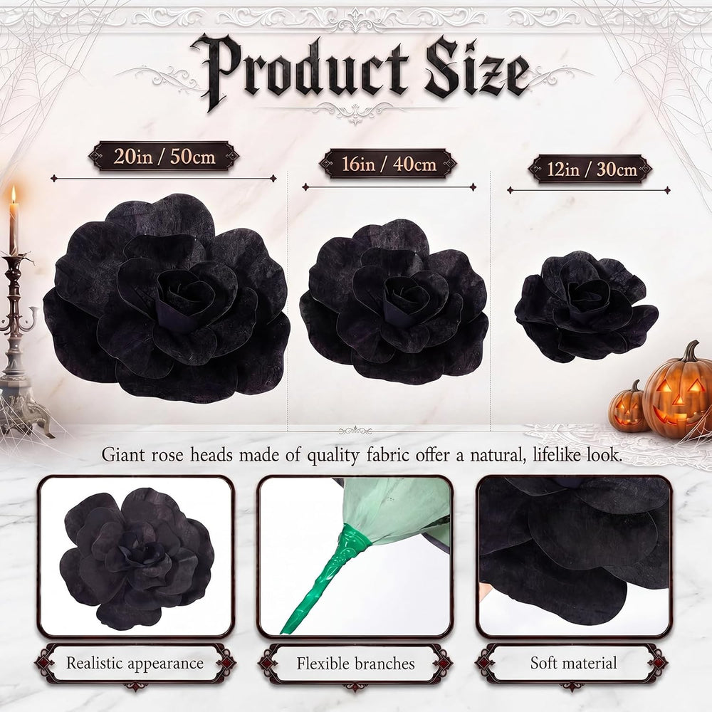 Norme 3 Pcs Giant Black Artificial Flowers Roses Velvet, 12, 16, 20 Inch