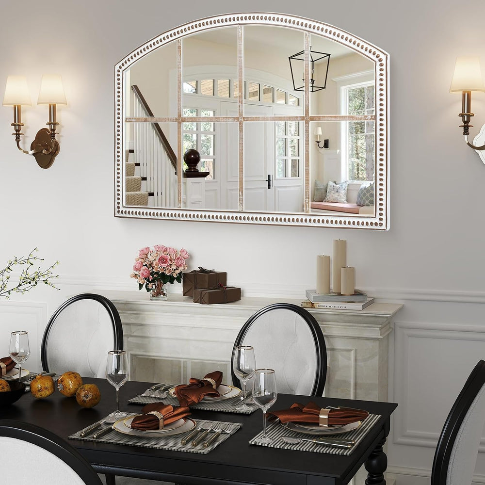 28x42 Inch Farmhouse Windowpane Mirror, Distressed Wood Arched Wall Mirrors