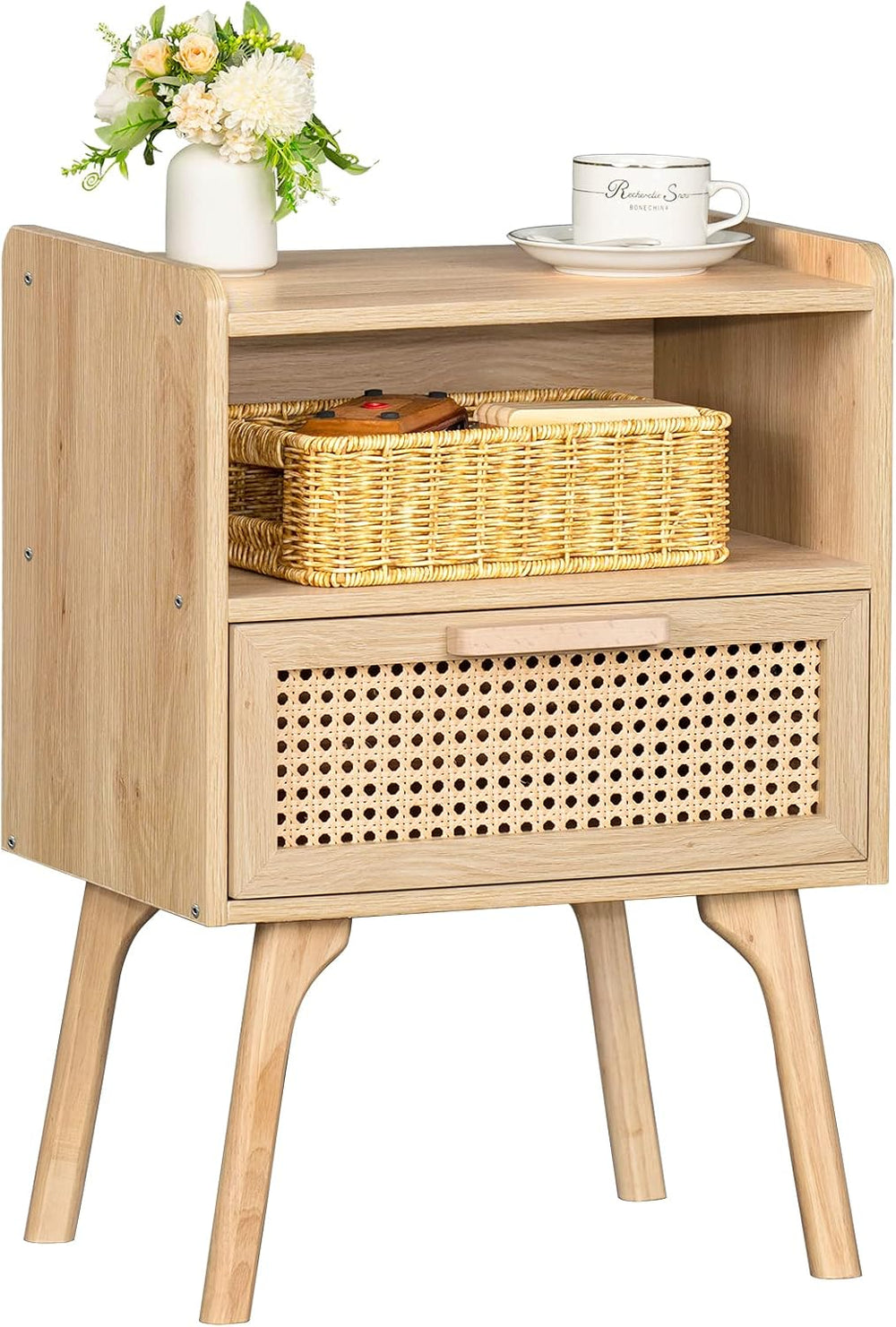 Lerliuo Rattan Nightstand, Boho Side Table with Drawer Open Shelf | Cane Acce...