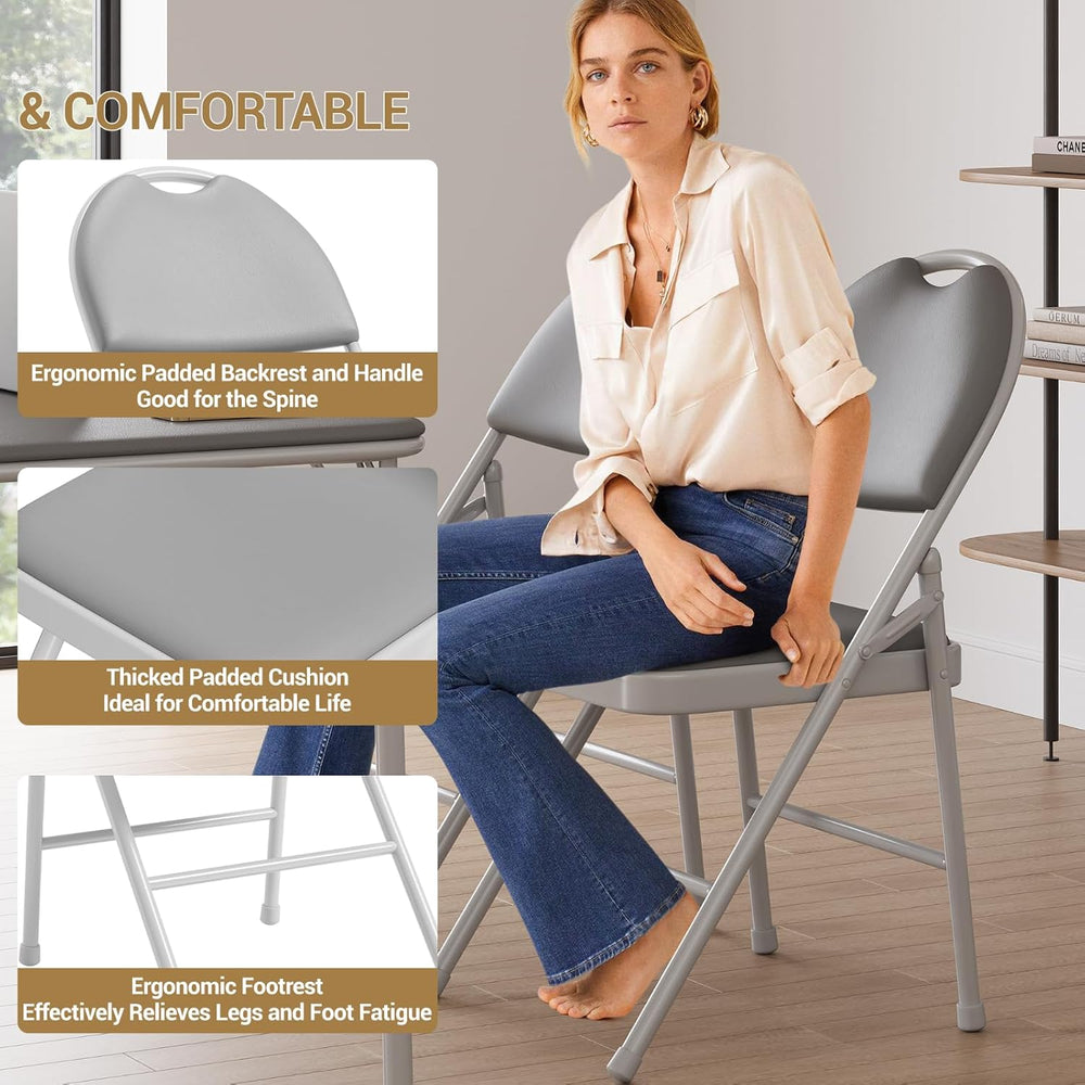 IDEALHOUSE 4 Pack Folding Chairs with PU Leather Padded Cushion, 350Lbs Capac...