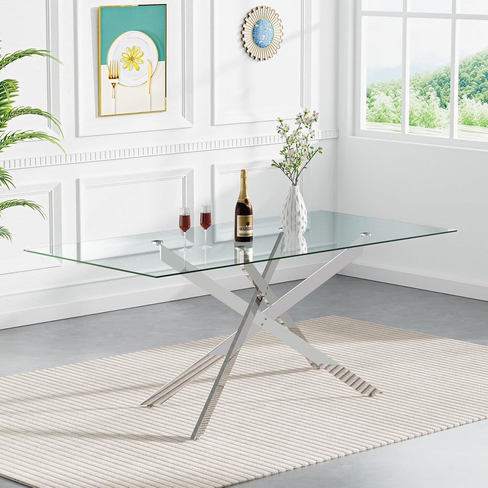 7 Piece Modern Dining Table Set of 6, 61" Tempered Glass Rectangle Dinin...