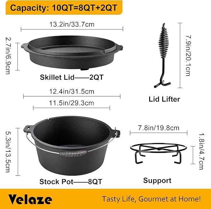 Velaze 10QT Camping Dutch Oven, Pre-Seasoned Cast Iron Camp Dutch Oven Pot - Image 2