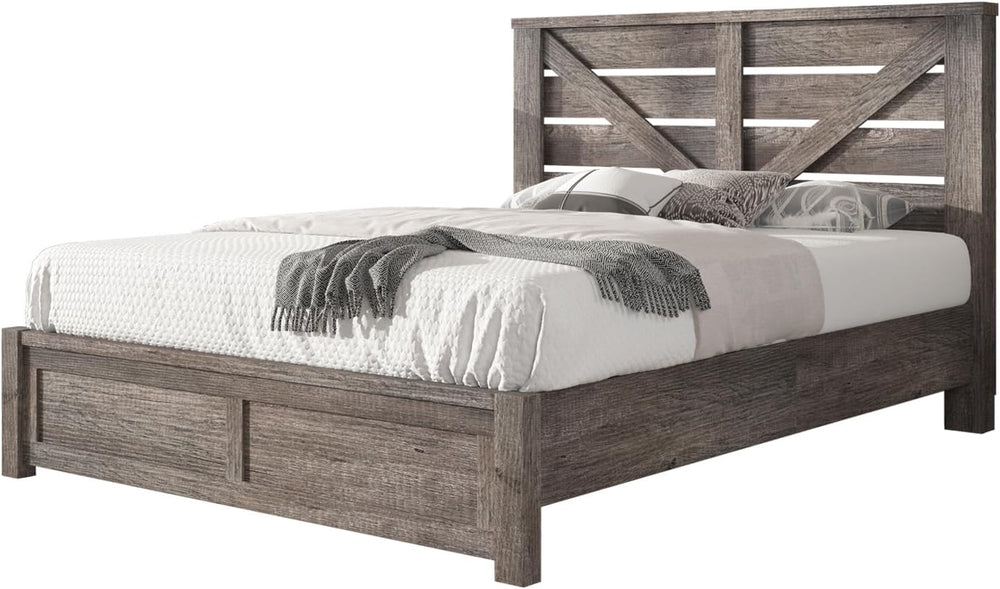 AMERLIFE Farmhouse Full Size Bed Frame with 49.2" Barn Door Headboard, Gray