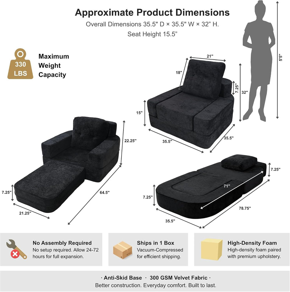 · REDEARTH · 3-in-1 Boneless Convertible Folding Floor Sofa Bed - Black