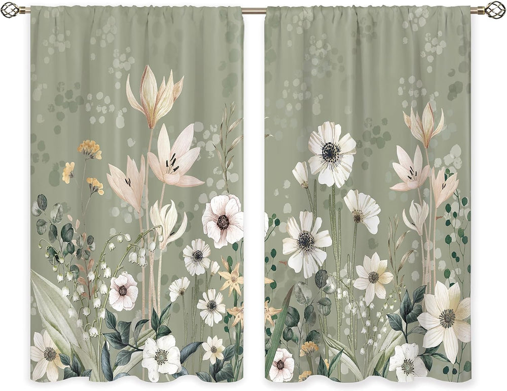 Green Boho Flower Small Kitchen Curtains Flower Plant Window Treatment Botani...