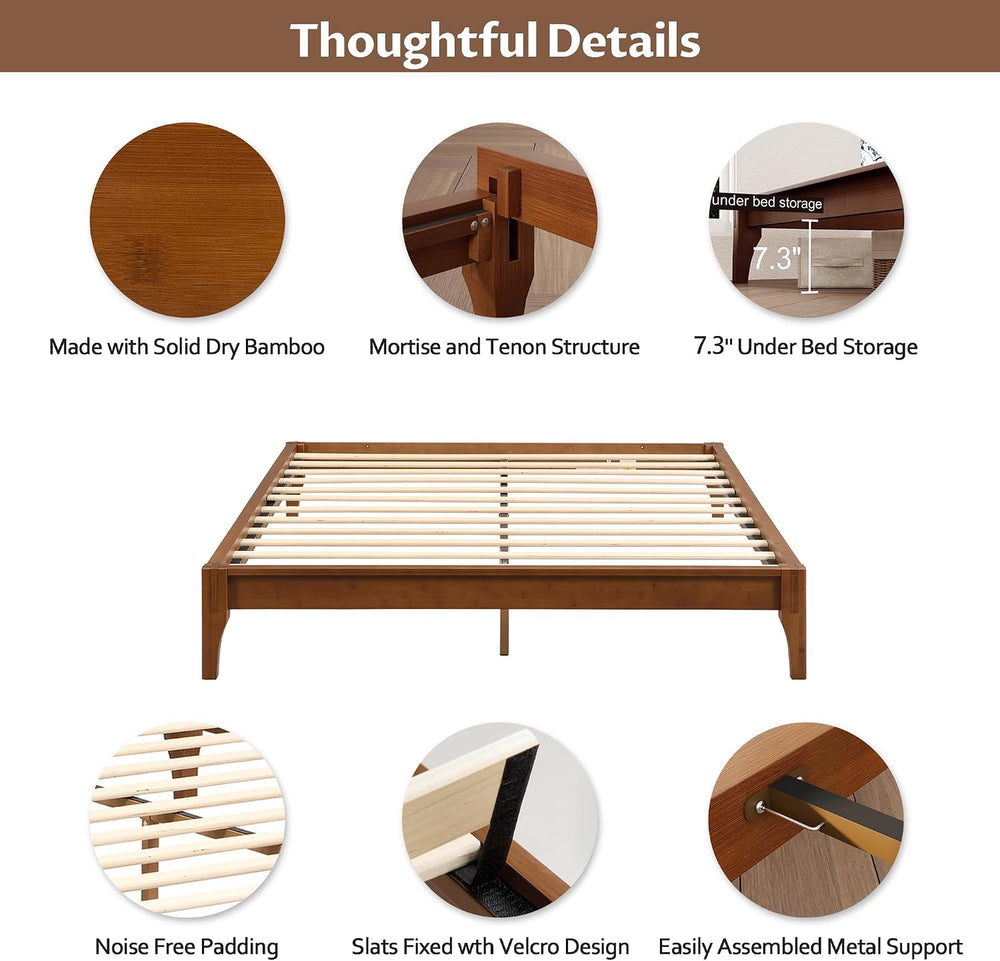 Merax Full Size Mid-Century Solid Bamboo Wood Bed Frame, Brown