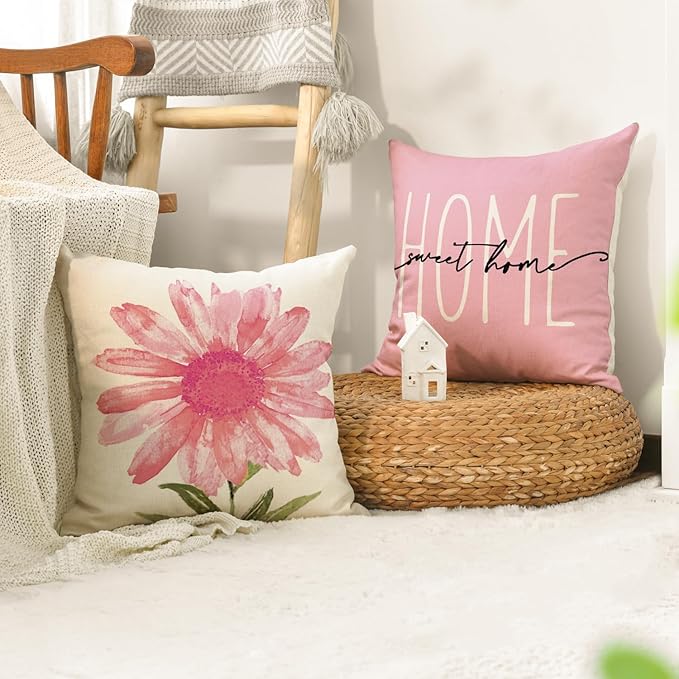 AVOIN colorlife Home Sweet Home Spring Summer Flowers Pink Throw Pillow Covers - Image 5