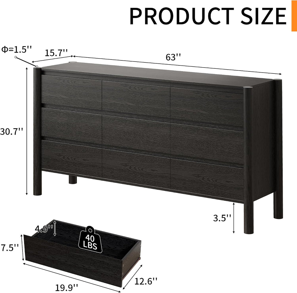 3 Piece Black Dresser for Bedroom Set,9 Drawer Dresser & Nightstands