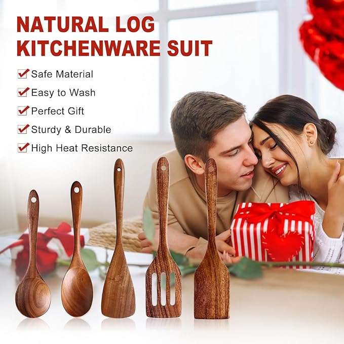 5 PCS Wooden Cooking Utensils Set, Kitchen Utensils Set, Wooden Spoons - Image 7