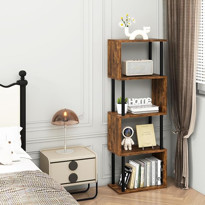 IBUYKE 5-Tier Tall Bookshelf,S-Shaped Geometric Bookcase, Wood Display Shelves with Storage,Industrial Bookshelf for Living Room Bedroom, Home Office, Rustic Brown WBC015H