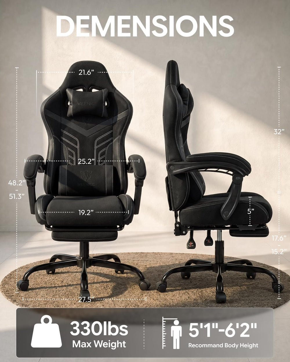 Ergonomic Gaming Chair with Footrest for Adults, Leather Mesh