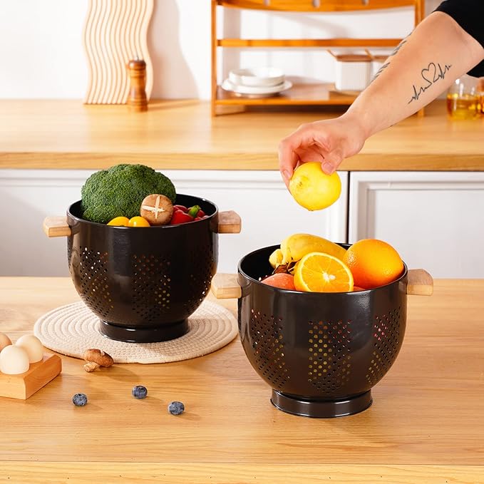 Metal Colander with Wood Handle and Stable Base, Powder Coated Steel Kitchen