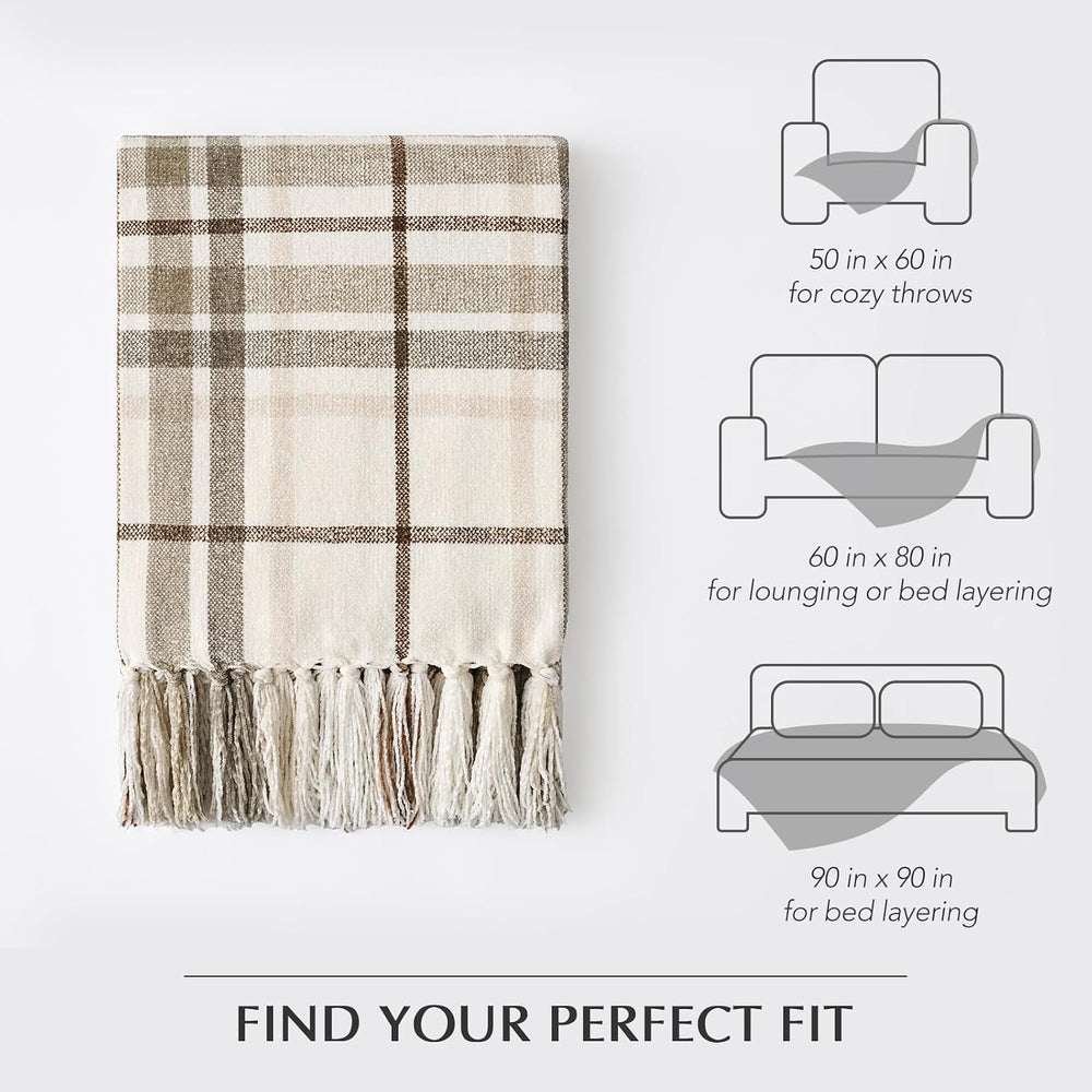 EverGrace Plaid Chenille Knit Throw Blanket for Couch, 50"x60", Beige