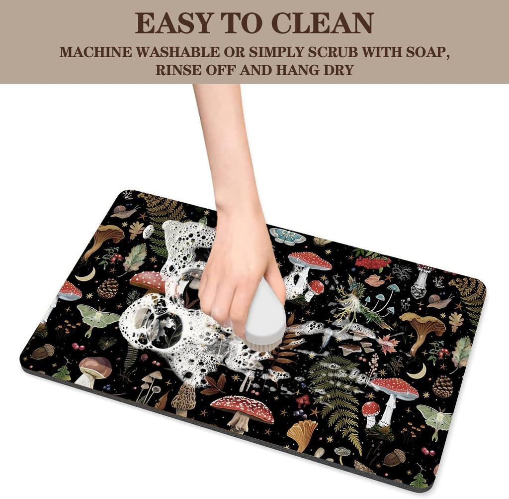 Mushroom Fern Leaves Berry Coffee Mat Dish Drying Mats, 20x12in | Vintage Botanical Nature Cafe Bar Mat Decor for Kitchen Counter, Draining Pad for Countertop, Gift Fit Under Coffee Maker