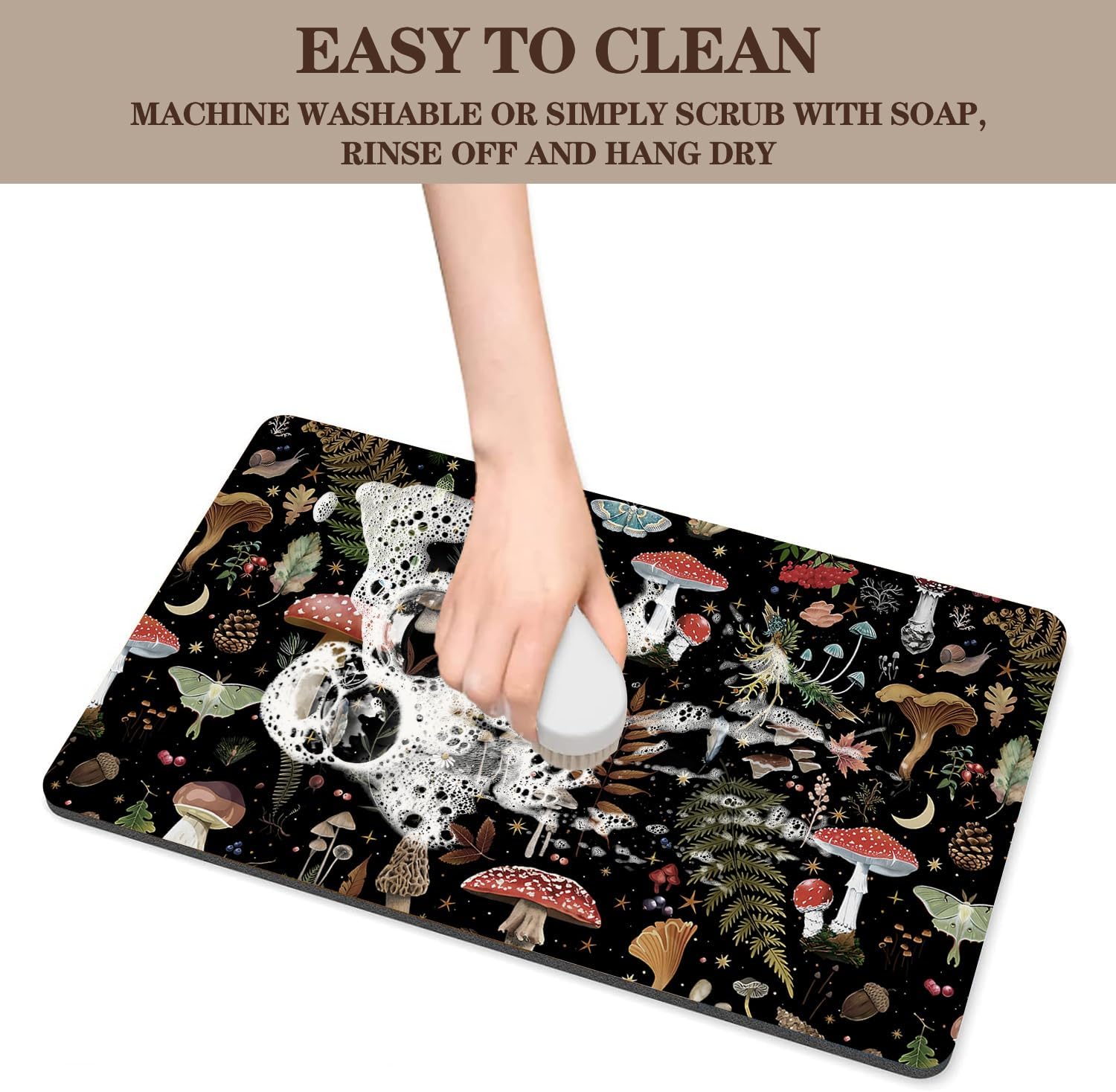 Mushroom Fern Leaves Berry Coffee Mat Dish Drying Mats, 20x12in | Vintage Botanical Nature Cafe Bar Mat Decor for Kitchen Counter, Draining Pad for Countertop, Gift Fit Under Coffee Maker