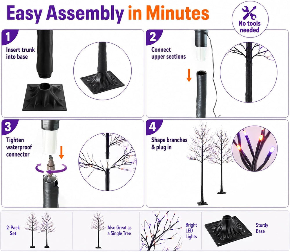 6FT LED Lighted Halloween Tree 2-Pack Orange Purple Lights Décor