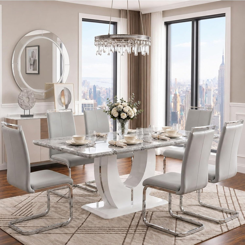 JUFU 7 Piece Dining Table Set for 6, 63 Inch Faux Marble Rectangular Kitchen ...
