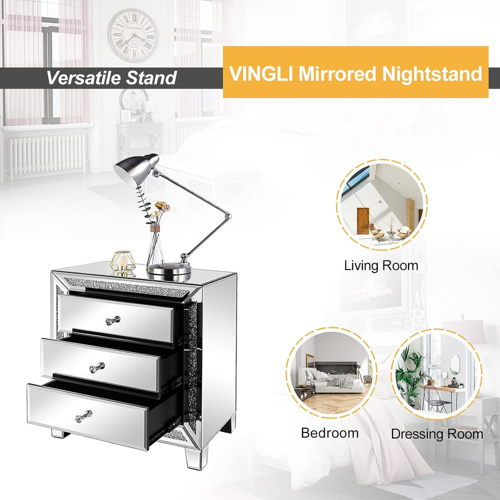 VINGLI Mirrored Nightstands Set of 2, 23" W Glass Mirror Night Stand Set...
