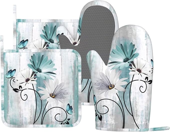 Teal Daisy Oven Mitts Pot Holders Set Silicone Heat Resistant Farm Teal Daisy by LONSANT