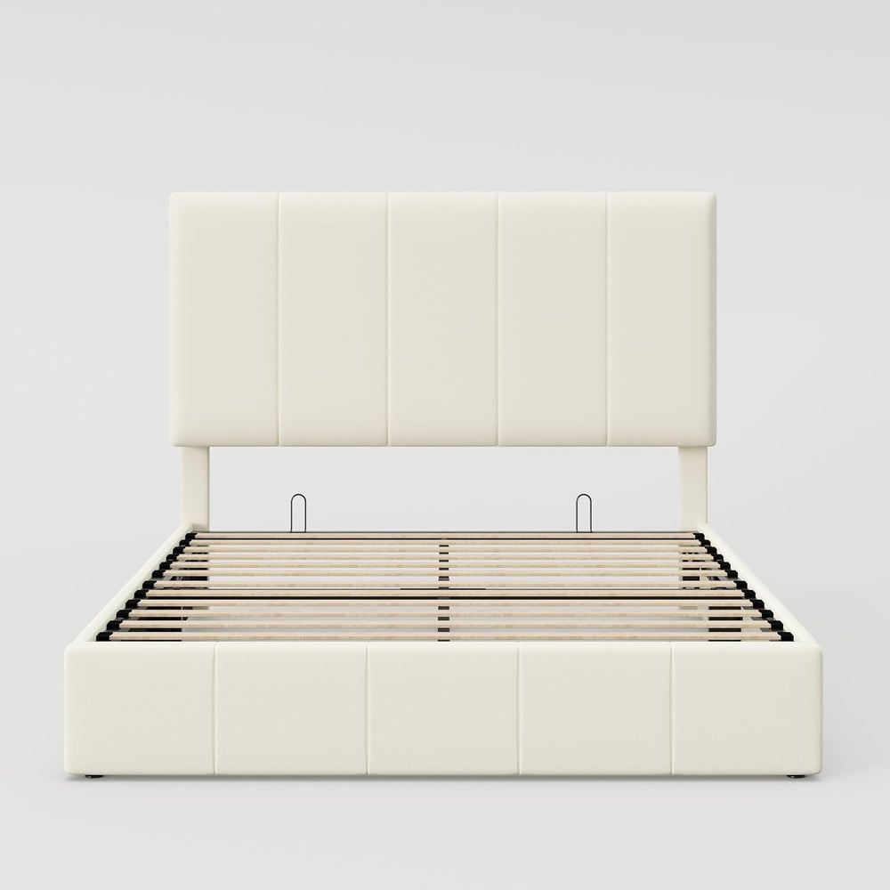 Allewie Full Size Velvet Lift Up Hydrualic Storage Bed Frame, Cream