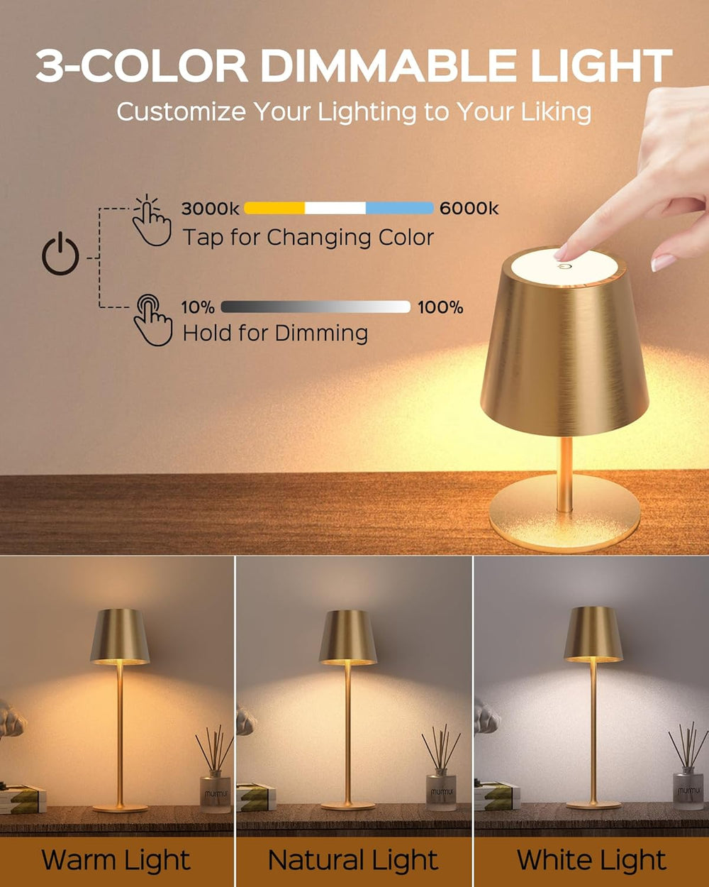 JACKYLED Cordless Lamps, 3 Height, 3 Colors Smooth Dimming, 5000 Capacity
