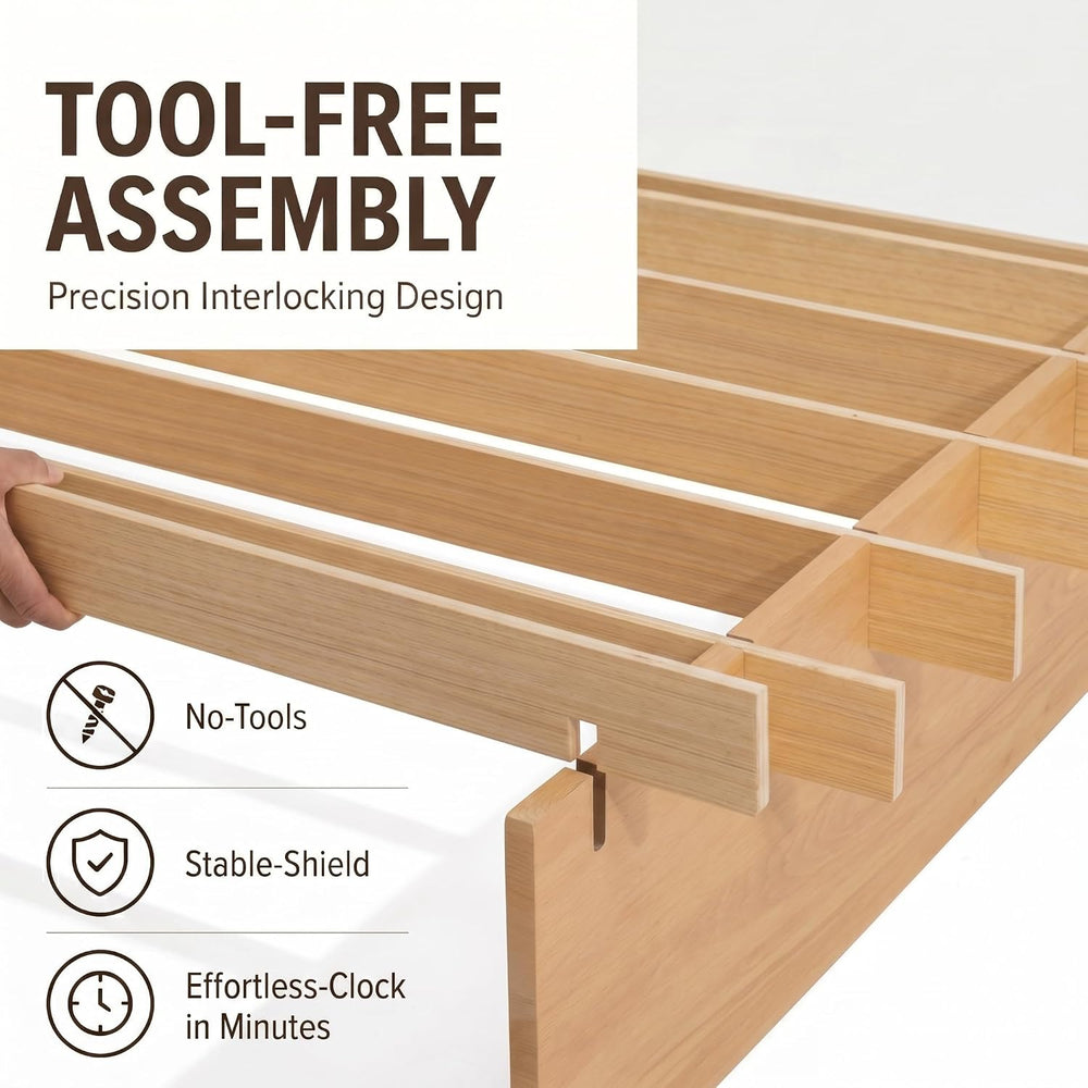 XIAO WEI Queen Wood Platform Bed Frame, Tool-Free Bed Frame, Natural