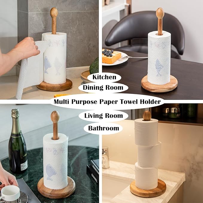 14.5" Acacia Wooden Paper Towel Holder, 6.7" Large Heavy Base Wooden Kitchen - Image 7