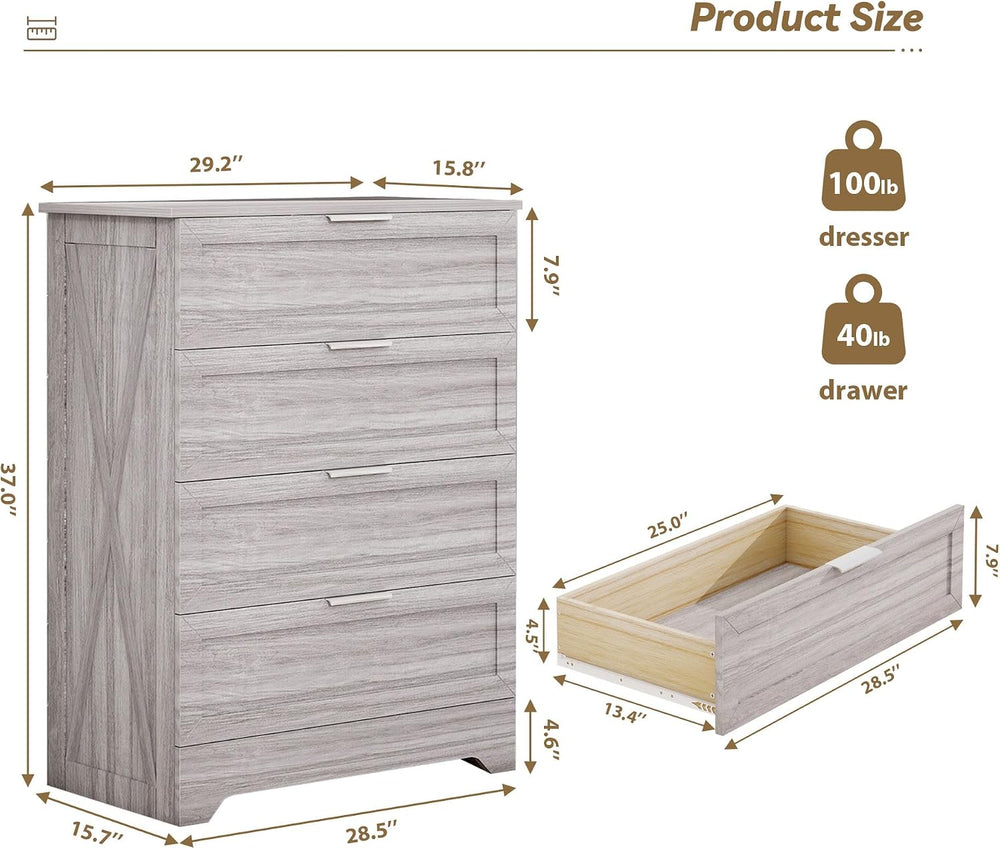 Farmhouse Dresser for Bedroom, 37’’ Tall Wood Chest of Drawers, Wash Grey