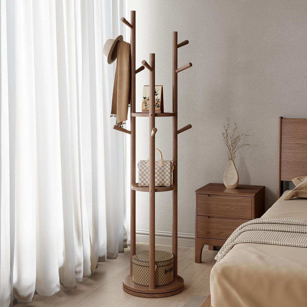Muwuele Solid Wood Rotary Coat Rack, Freestanding Coat Rack with 3 Shelves an...