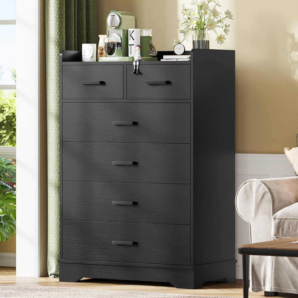 Black 6 Drawer Dresser, Wooden Storage Chest of 6 Drawers, Vertical Large Cap...