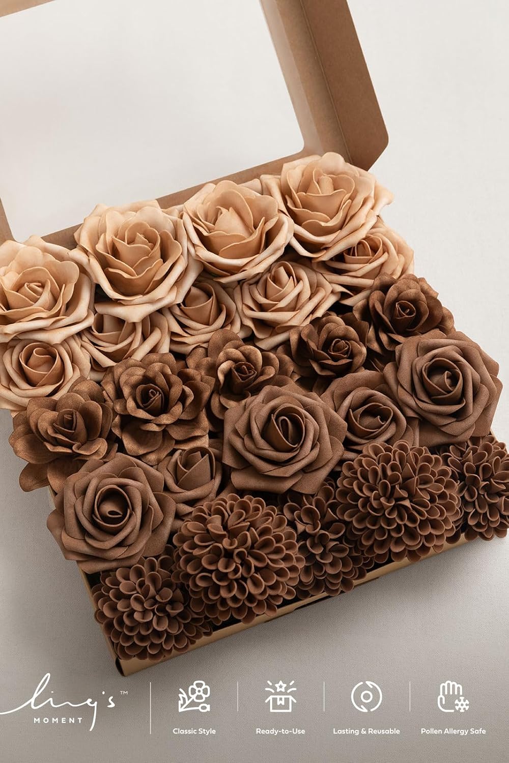 Ling's moment Artificial Flowers Fake Roses Faux Gardenia Foam Brown Beige