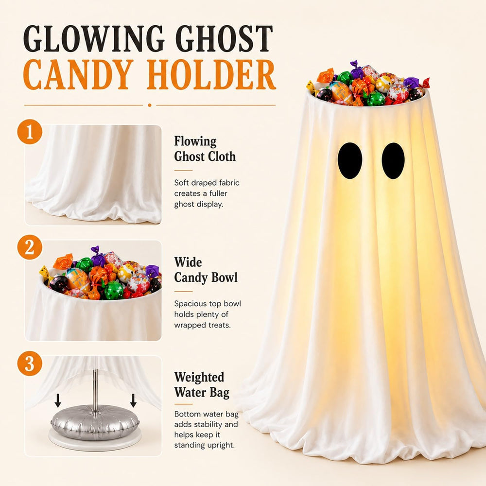 Lighted Halloween Ghost Candy Bowl,Halloween Ghost Decor with Remote